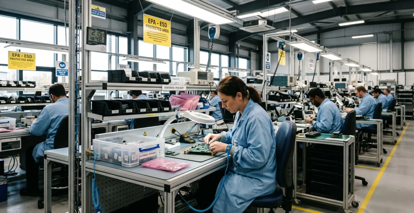Wide-angle view of electronics manufacturing EPA zone showing multiple operators at anti-static workbenches wearing ESD smocks and wrist straps, with pink shielding bags, conductive storage boxes, overhead ionisers, and humidity monitoring equipment visible in a UK facility