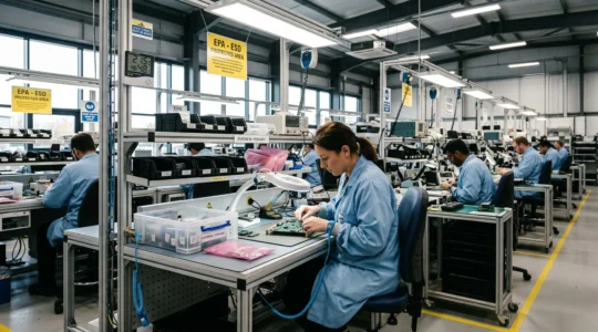 Wide-angle view of electronics manufacturing EPA zone showing multiple operators at anti-static workbenches wearing ESD smocks and wrist straps, with pink shielding bags, conductive storage boxes, overhead ionisers, and humidity monitoring equipment visible in a UK facility