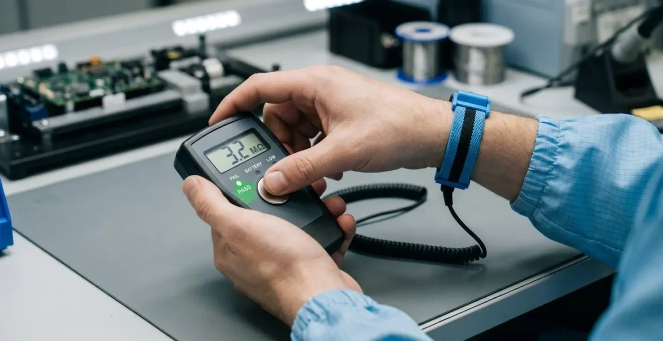 Close-up of operator's hands testing wrist strap continuity using handheld digital tester displaying acceptable resistance reading, grey anti-static workbench mat visible in background