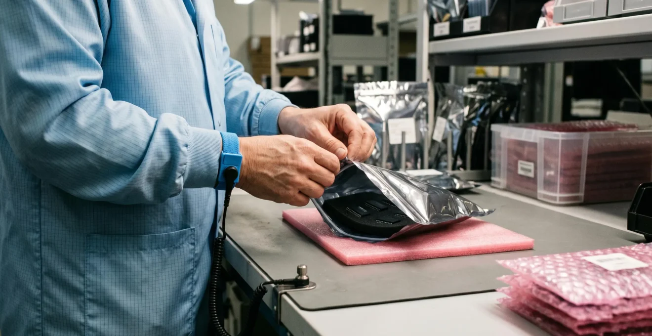Electronics assembly operator wearing wrist strap opening metallised ESD shielding bag at grounded workstation, removing integrated circuits onto conductive foam tray, with organised ESD packaging visible on background shelving