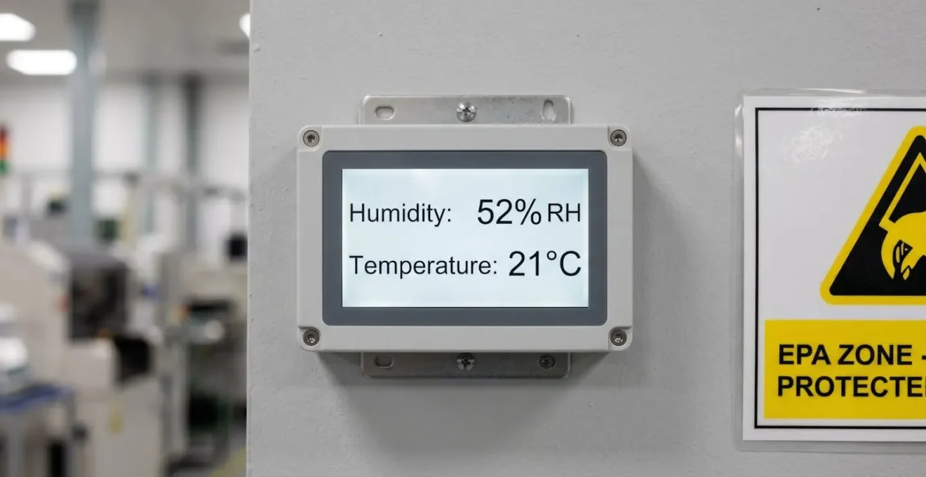 Wall-mounted digital environmental monitor in EPA zone displaying humidity reading of 52% RH and temperature of 21°C, with portion of ESD Protected Area signage visible on industrial grey wall