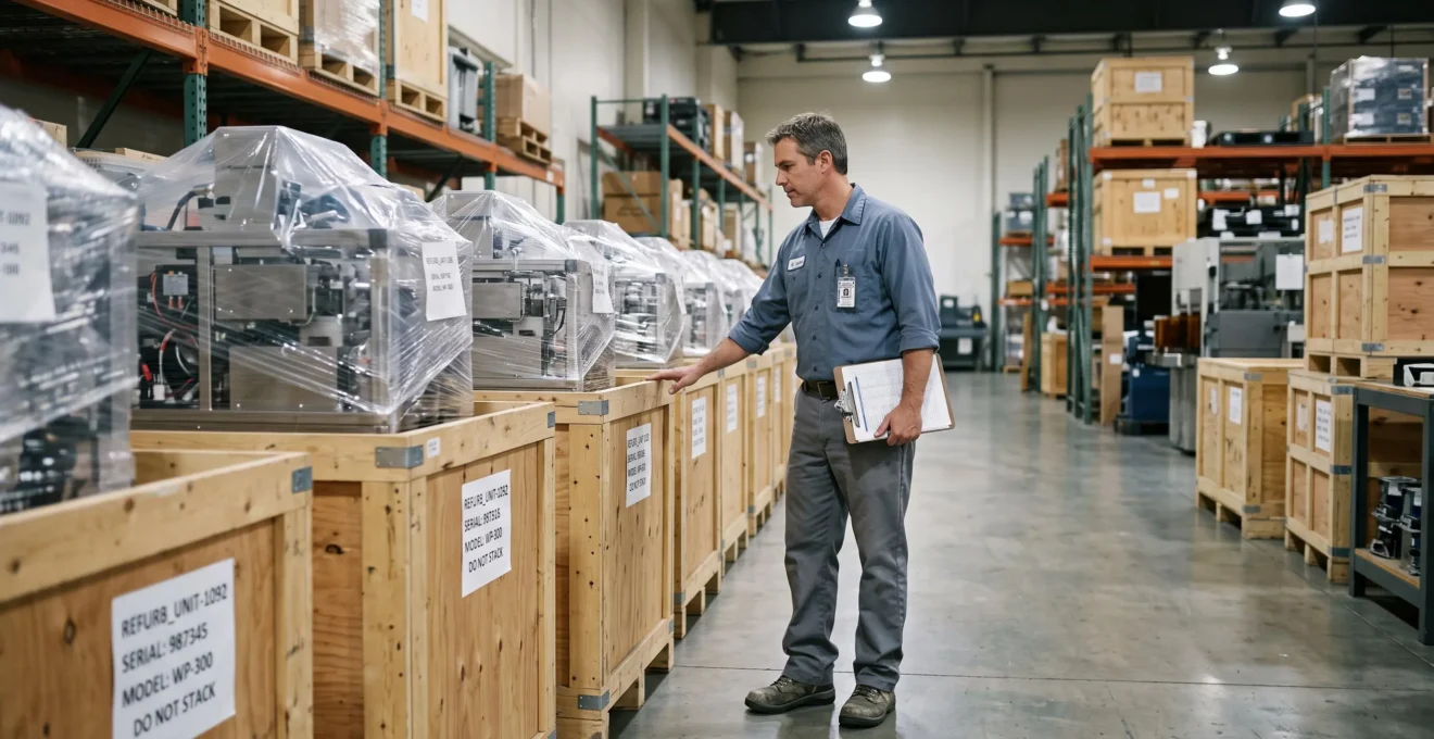 A supervisor inspects crated refurbished pre-aligner units in a service facility warehouse.