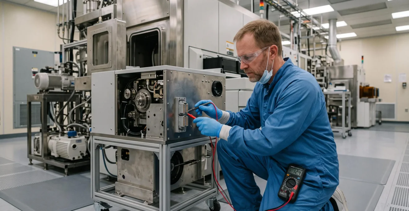A maintenance engineer inspects the sensor connection of a legacy pre-aligner inside a semiconductor fab.