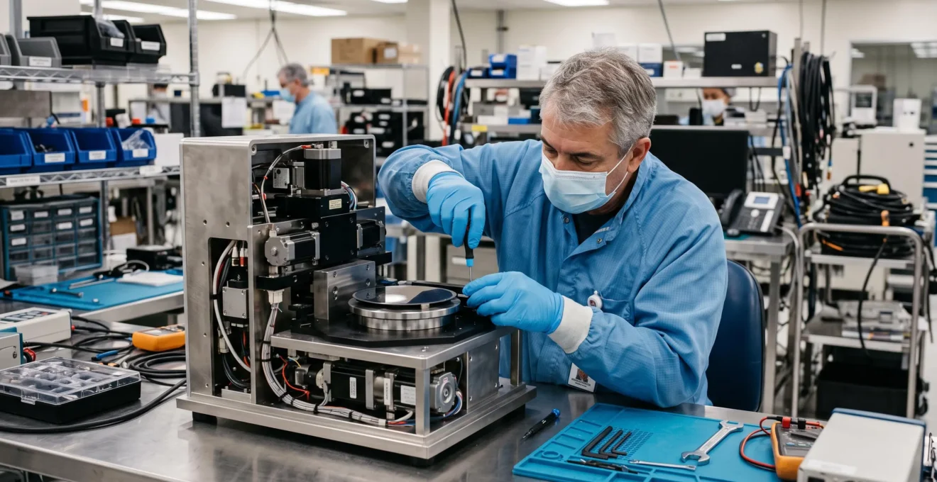 A technician repairs the internal components of an open wafer pre-aligner on a workshop workbench.