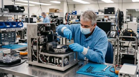 A technician repairs the internal components of an open wafer pre-aligner on a workshop workbench.