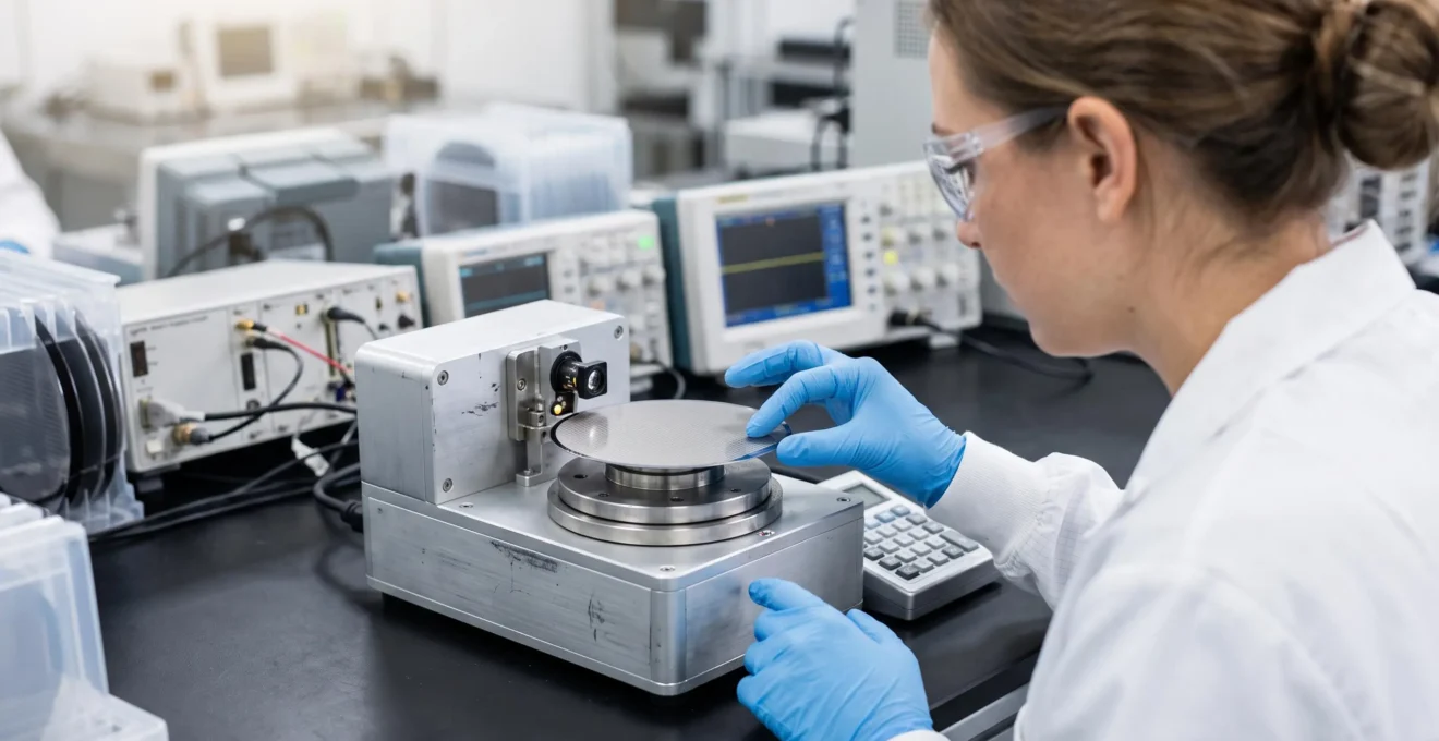 A technician places a test wafer on a refurbished pre-aligner during a repeatability acceptance test.